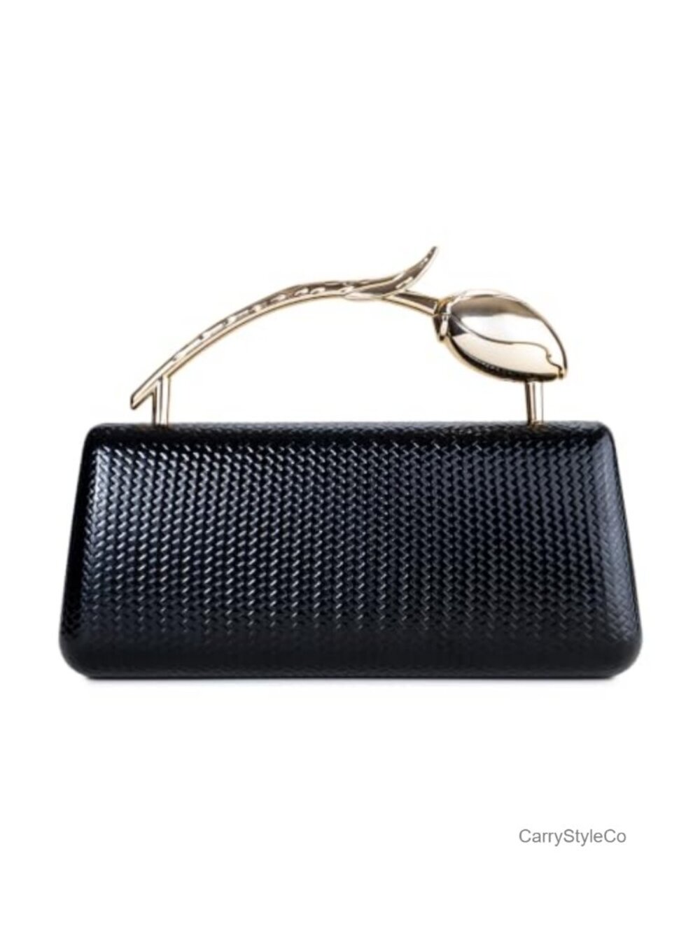 Gold Woven Texture Evening Clutch Floral Metal Handle Formal Bag